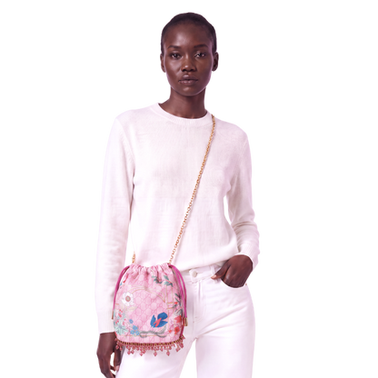 GG Floral Lattice Pink Vintage Scarf Drawstring Crossbody Bag with Fringe