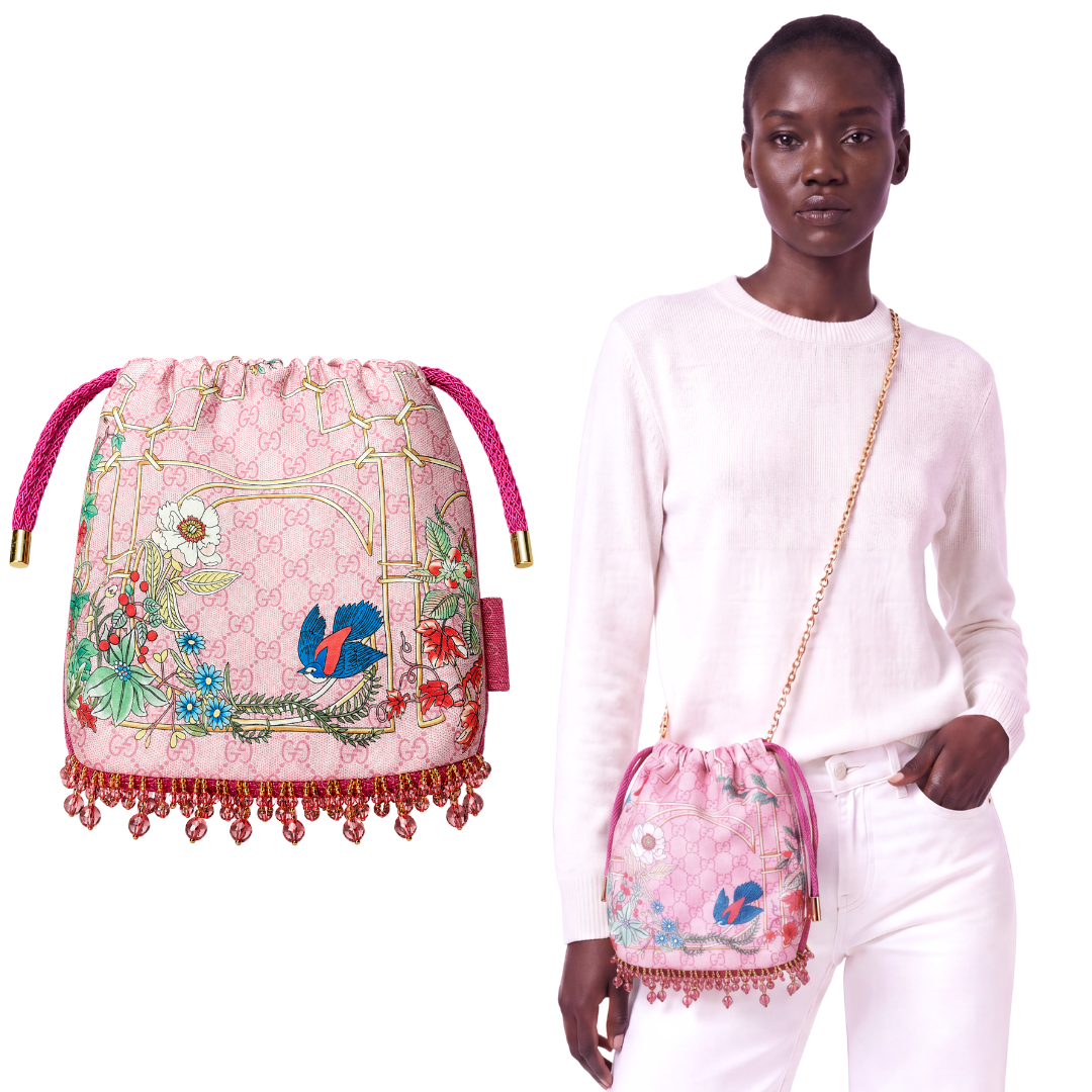 GG Floral Lattice Pink Vintage Scarf Drawstring Crossbody Bag with Fringe
