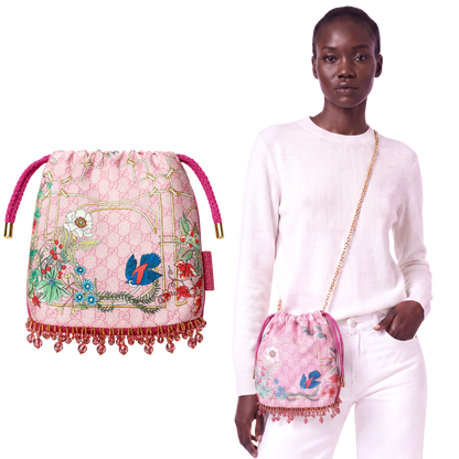 GG Floral Lattice Pink Vintage Scarf Drawstring Crossbody Bag with Fringe