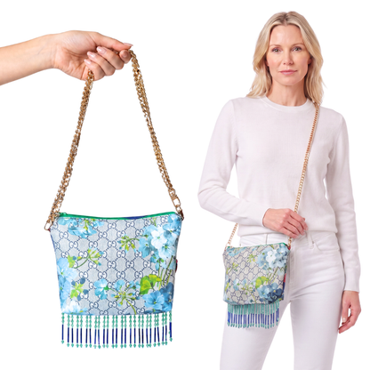 GG Logo Blooms Blue Vintage Scarf Crossbody Bag with Fringe