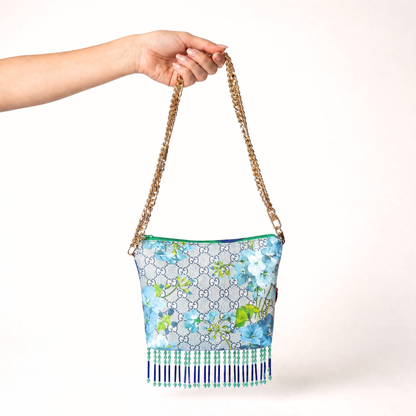 GG Logo Blooms Blue Vintage Scarf Crossbody Bag with Fringe