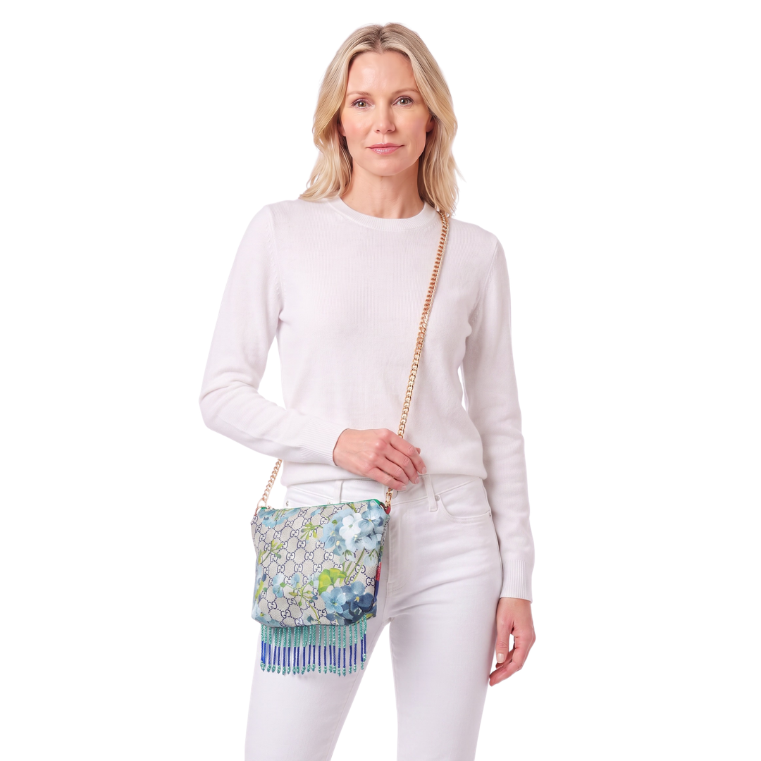 GG Logo Blooms Blue Vintage Scarf Crossbody Bag with Fringe