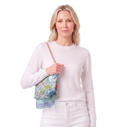 GG Logo Blooms Blue Vintage Scarf Crossbody Bag with Fringe
