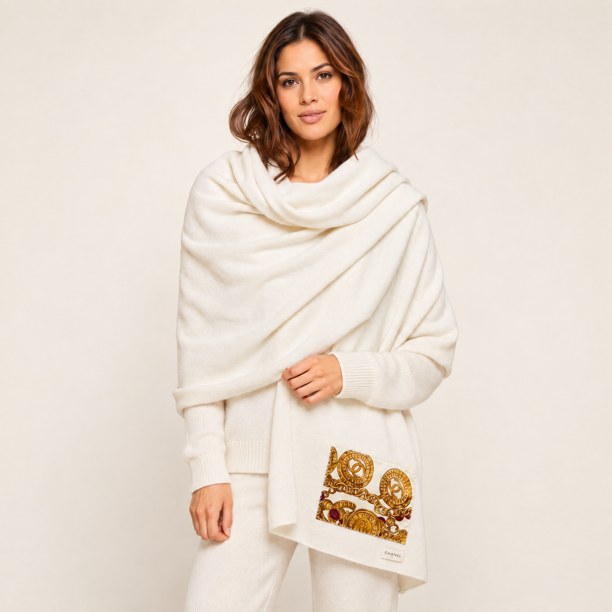 CC Gold Coin Vintage Silk Scarf & Cashmere Shawl