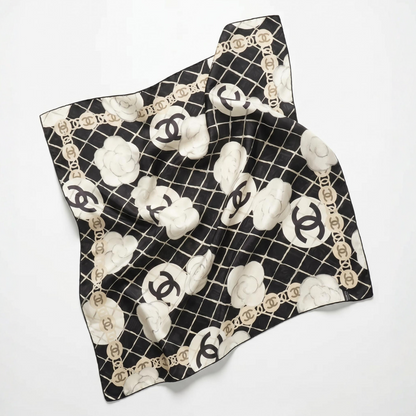 Chanel Camellia Noir Scarf Straw Hat exclusively at Vintage Luxe Up