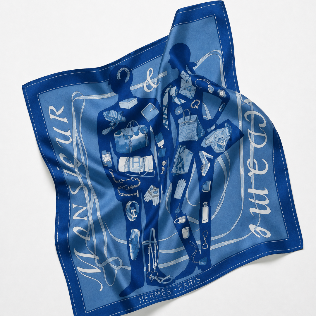 Monsieur et Madame Navy Silk Scarf Pillow 30"