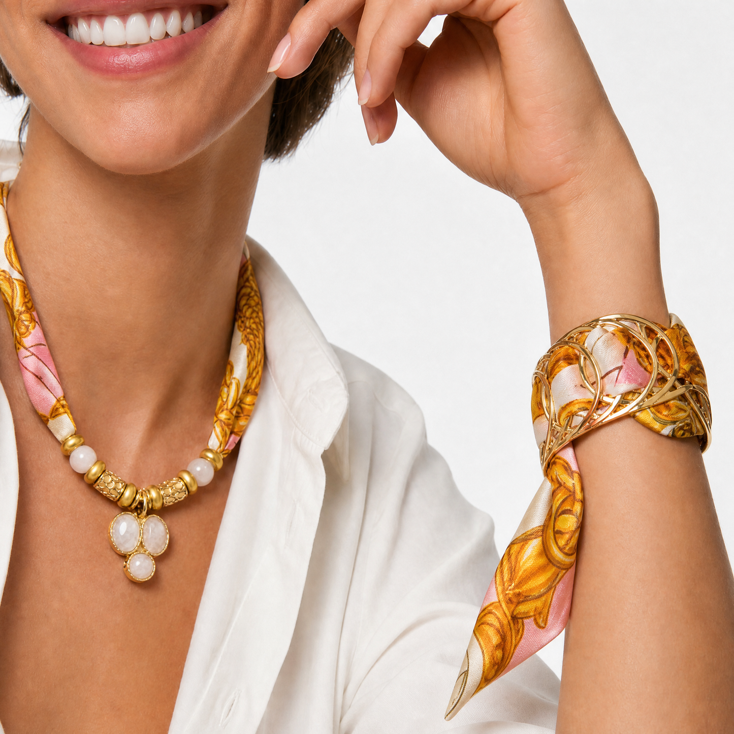 CC Buttons Pink Vintage Scarf & Quartz Necklace