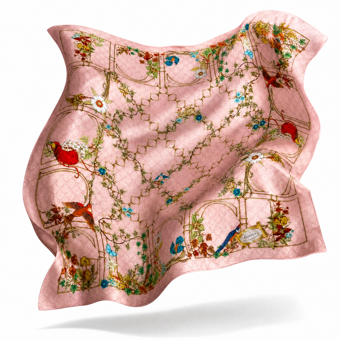 GG Floral Lattice Pink Vintage Silk Scarf Crossbody Bag with Fringe