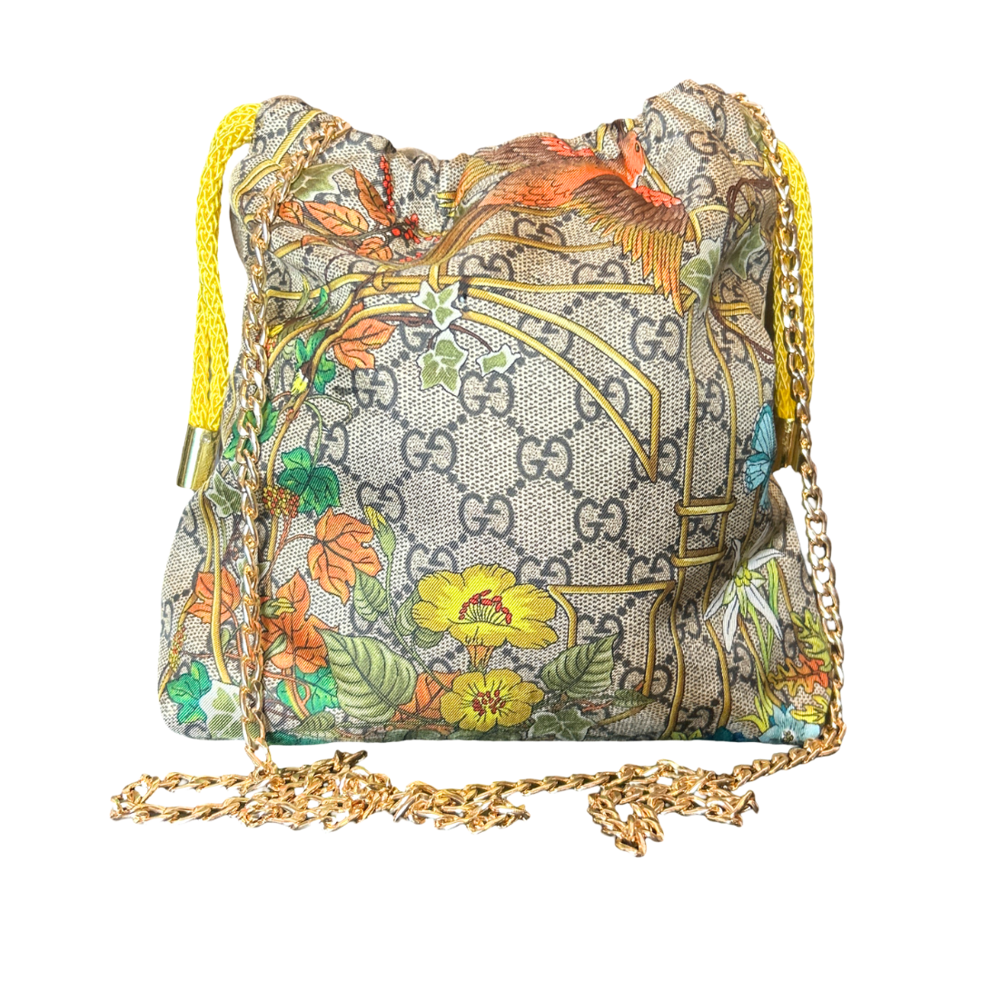 GG Floral Lattice Vintage Scarf Drawstring Crossbody Bag