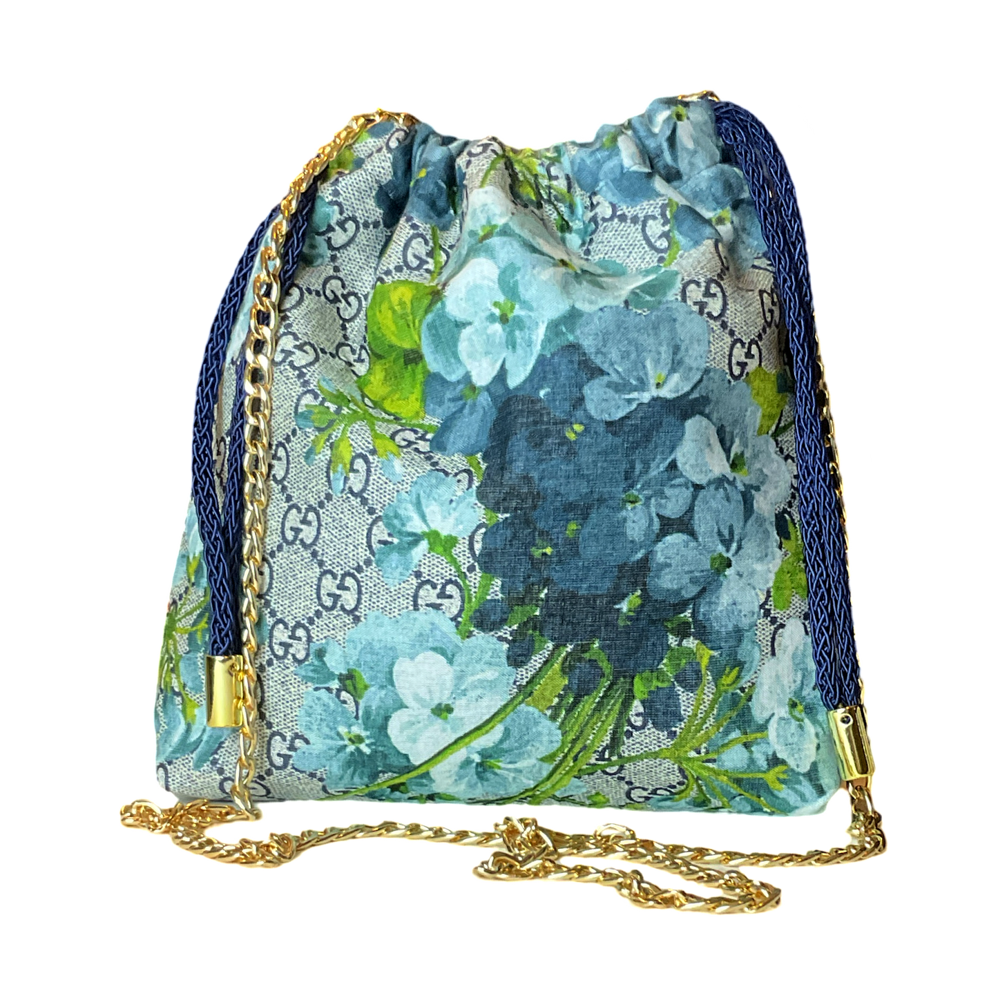 GG Blooms Blue Vintage Scarf Drawstring Crossbody Bag