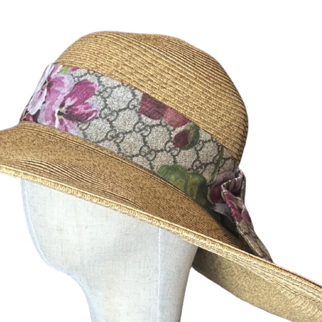 Gucci GG Logo Blooms Pink Scarf Straw Hat exclusively at Vintage Luxe Up