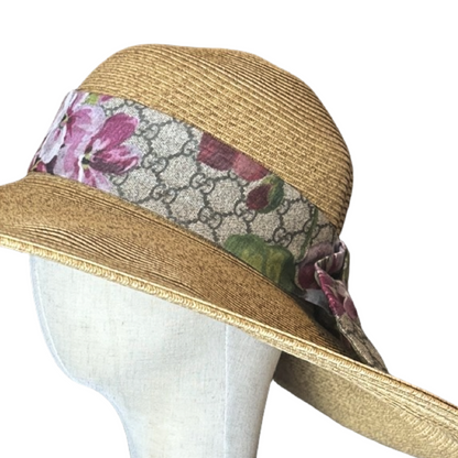 Gucci GG Logo Blooms Pink Scarf Straw Hat exclusively at Vintage Luxe Up