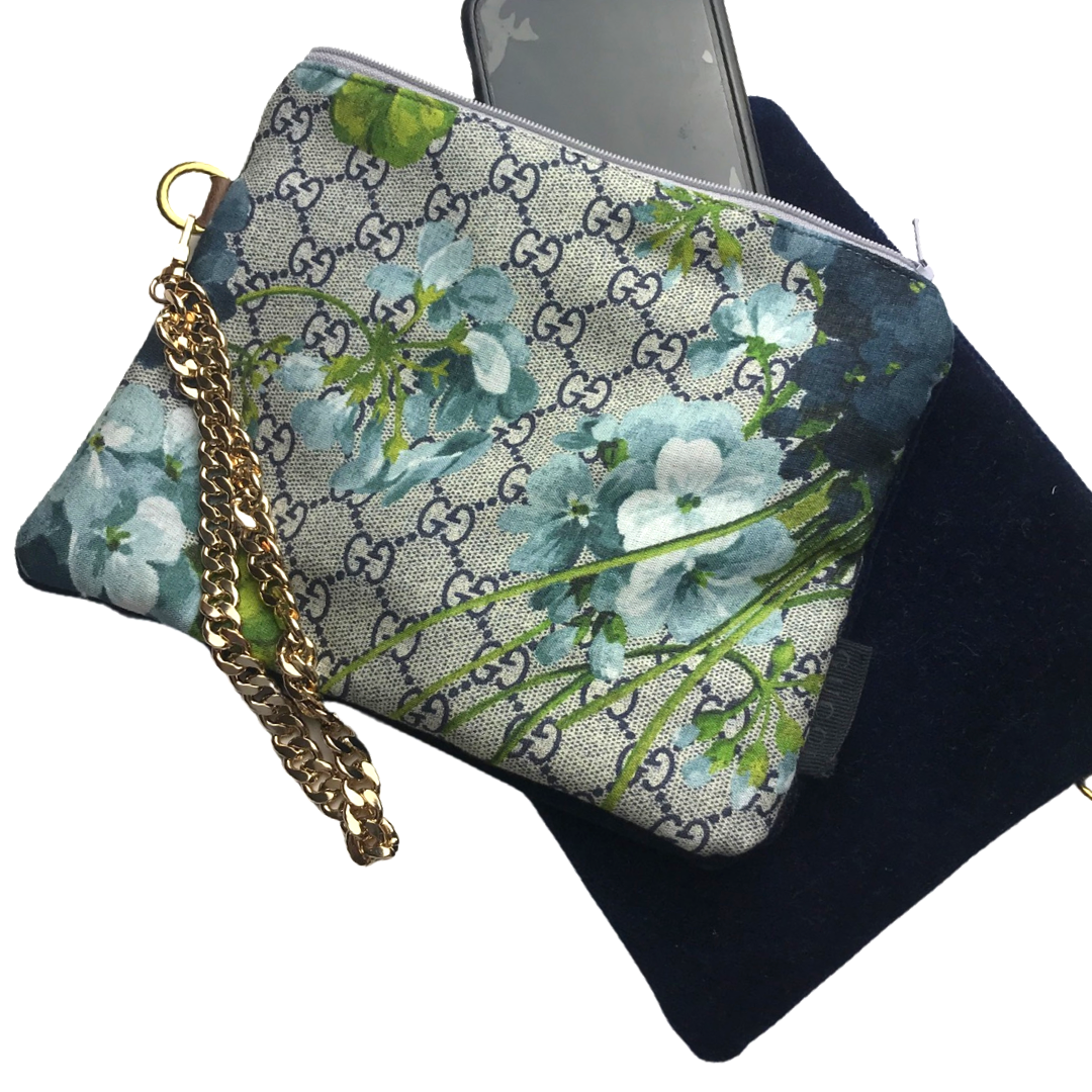 GG Logo Blooms Blue Vintage Silk Scarf Wristlet Bag