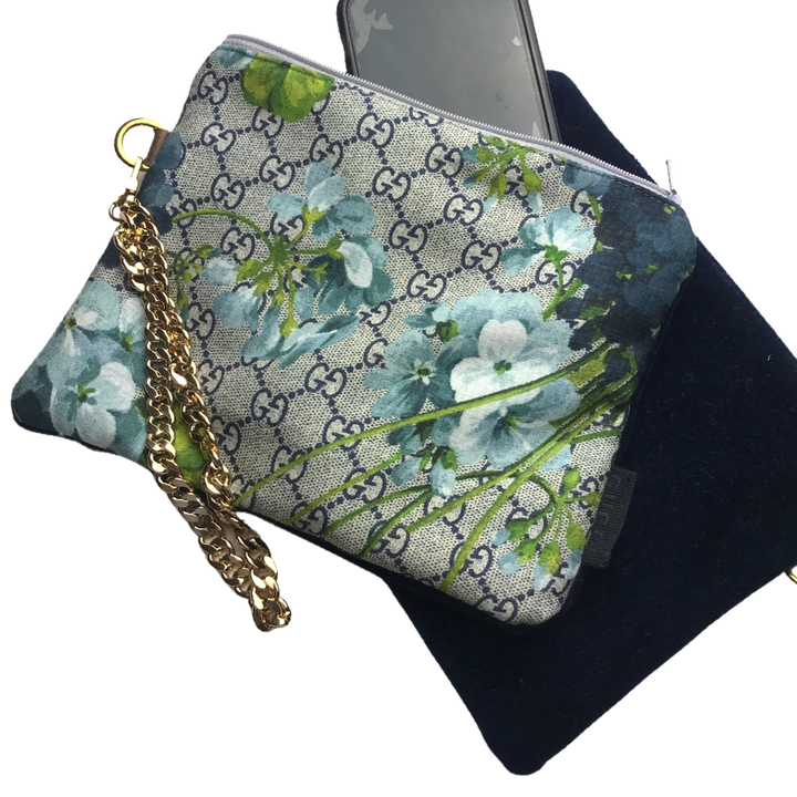 GG Logo Blooms Blue Vintage Silk Scarf Wristlet Bag