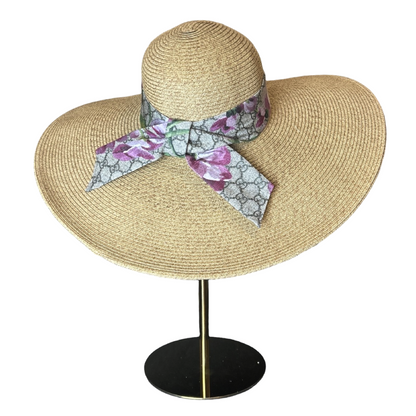 Gucci GG Logo Blooms Pink Scarf Straw Hat exclusively at Vintage Luxe Up