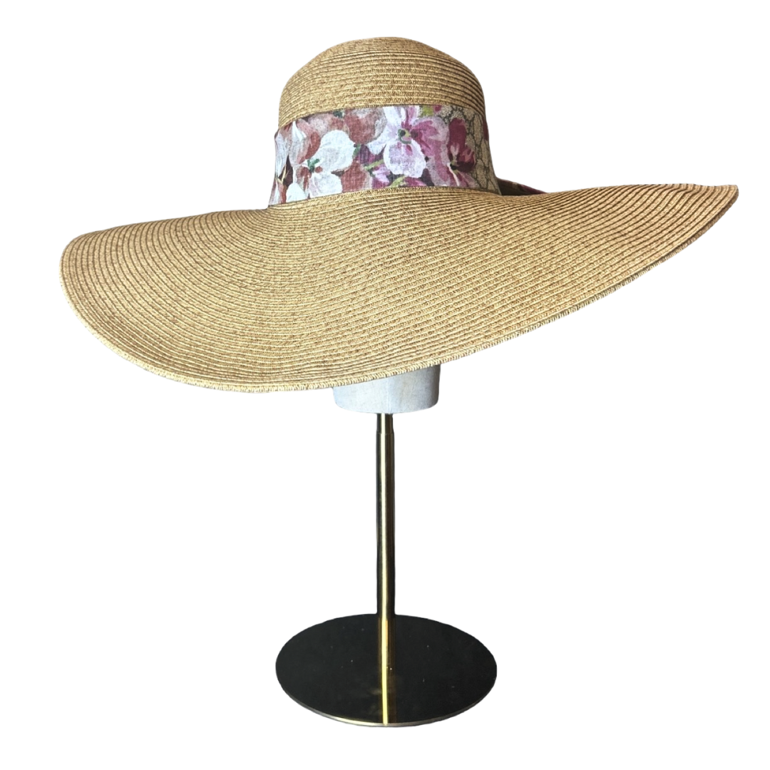 Gucci GG Logo Blooms Pink Scarf Straw Hat exclusively at Vintage Luxe Up