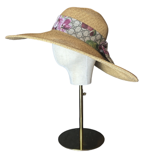Gucci GG Logo Blooms Pink Scarf Straw Hat exclusively at Vintage Luxe Up