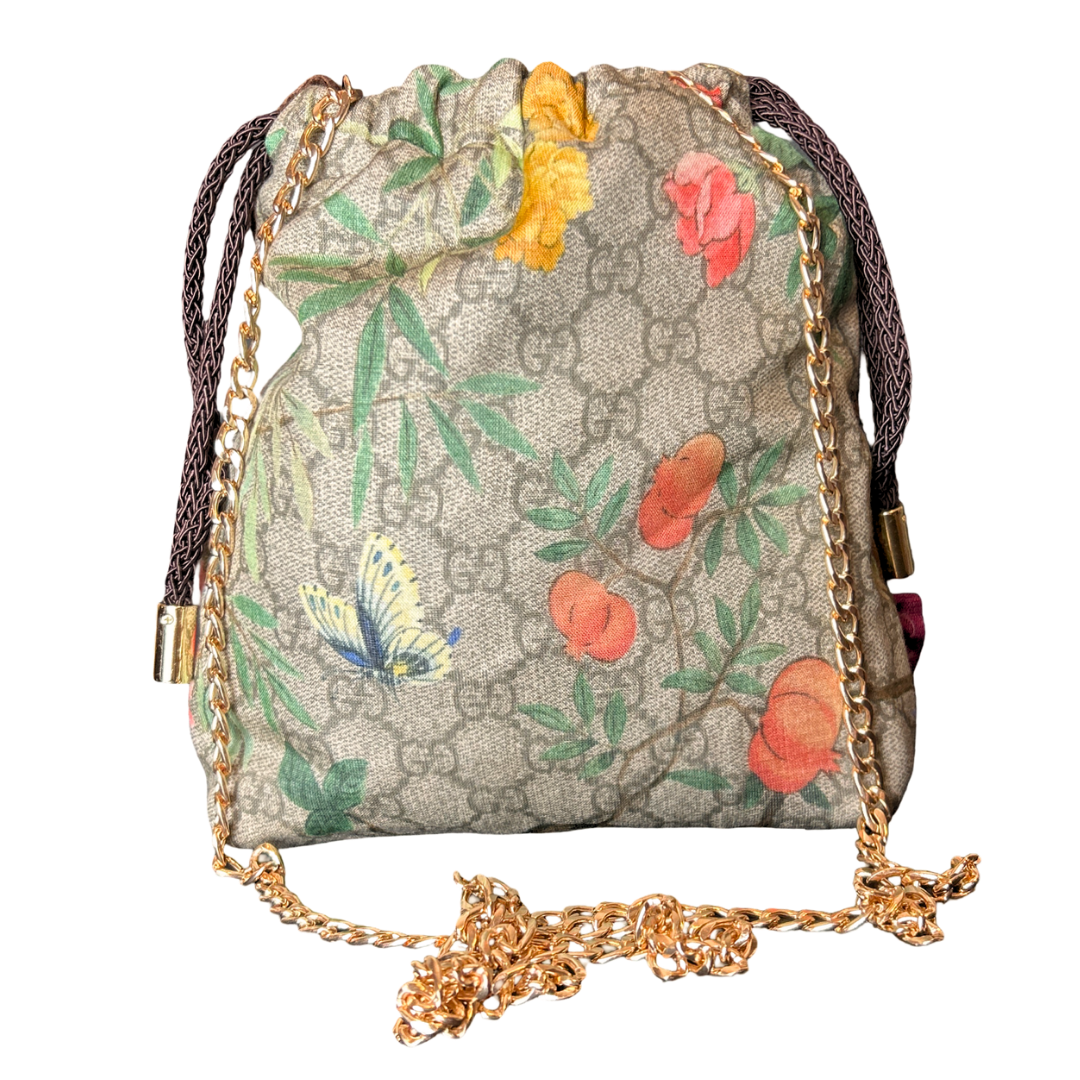 Gucci GG Chinoiserie Silk Scarf Drawstring Crossbody Bag