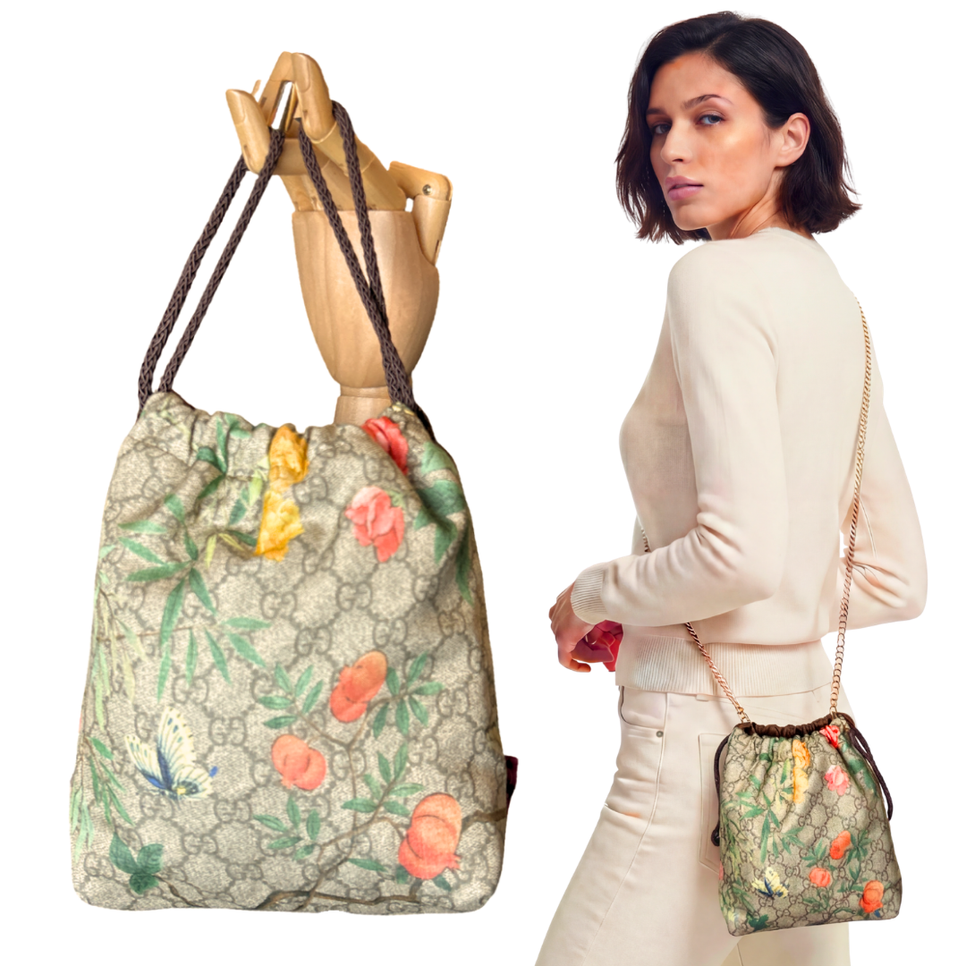 Gucci GG Chinoiserie Silk Scarf Drawstring Crossbody Bag