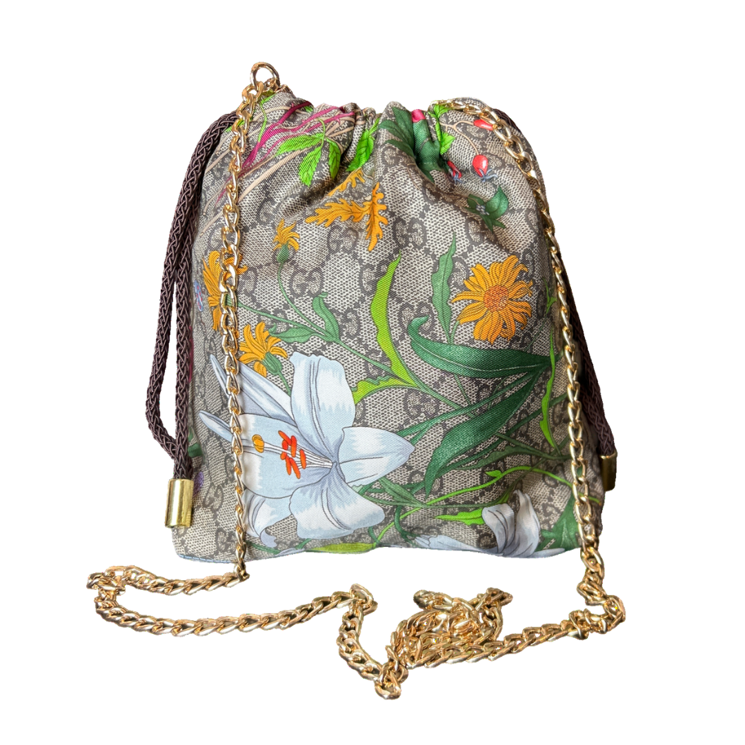 GG Logo Floral Vintage Silk Scarf Drawstring Crossbody Bag