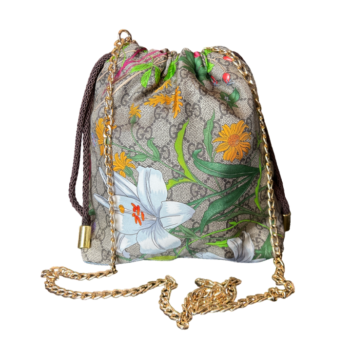 GG Logo Floral Vintage Silk Scarf Drawstring Crossbody Bag