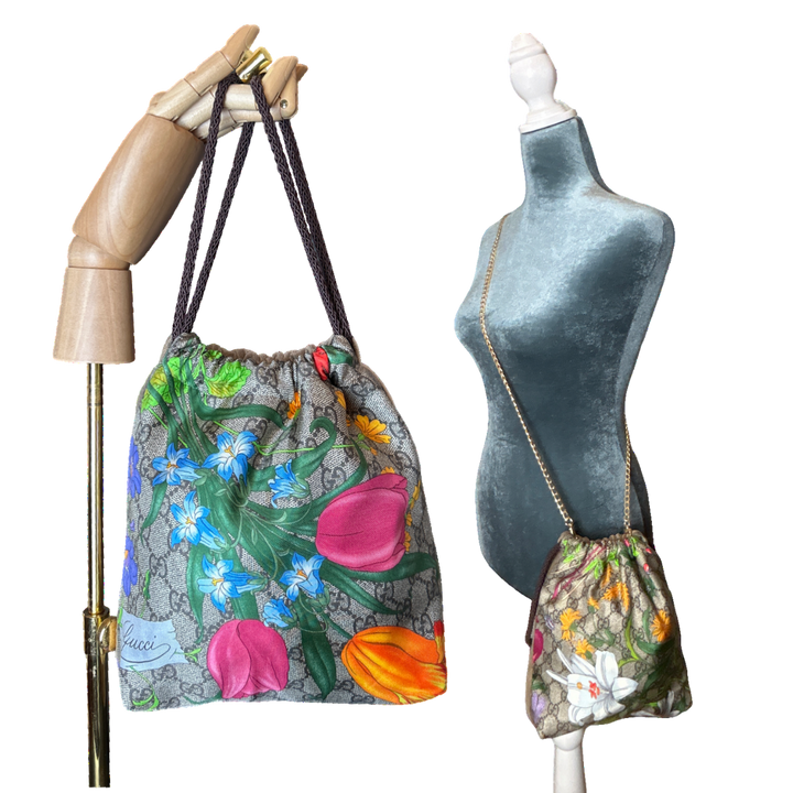 GG Logo Floral Vintage Silk Scarf Drawstring Crossbody Bag