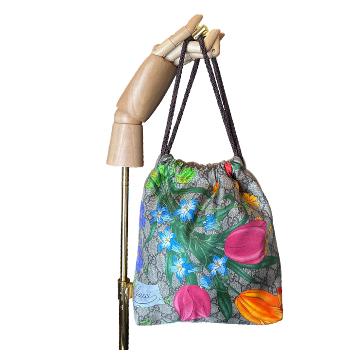 GG Logo Floral Vintage Silk Scarf Drawstring Crossbody Bag