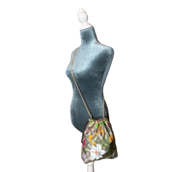 GG Logo Floral Vintage Silk Scarf Drawstring Crossbody Bag