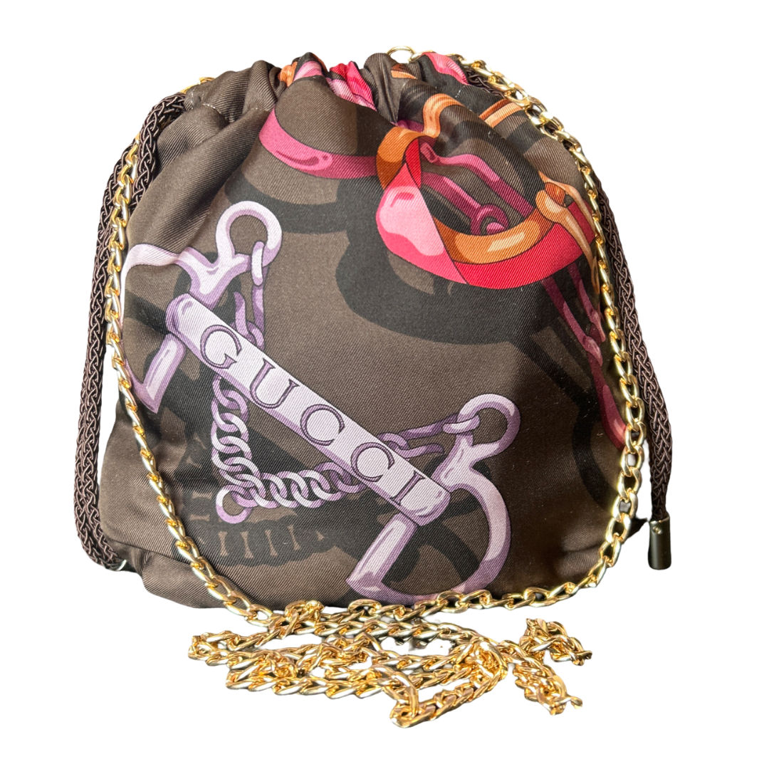 Gucci Horse Bit Equestrian Silk Scarf Drawstring Crossbody Bag