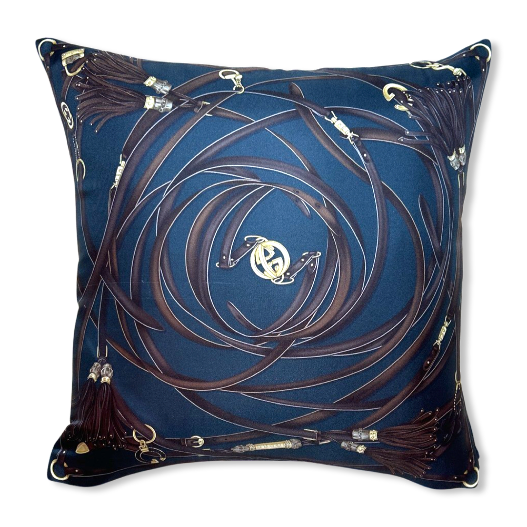 Harness Tassel Charcoal Vintage Silk Scarf Pillow 17"