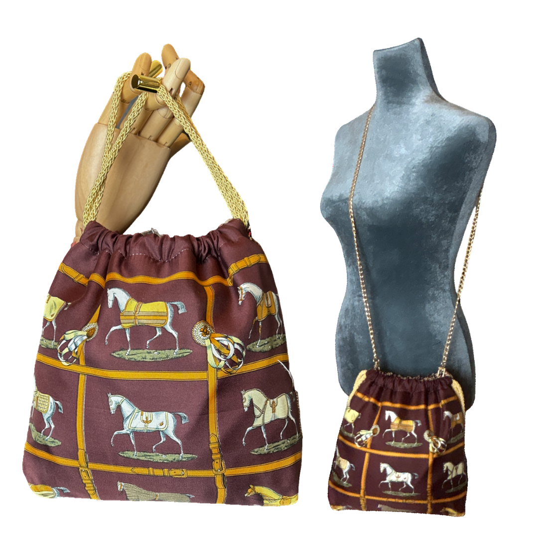 Petites Chevaux Brown Vintage Scarf Drawstring Crossbody Bag - Thumbnail 3