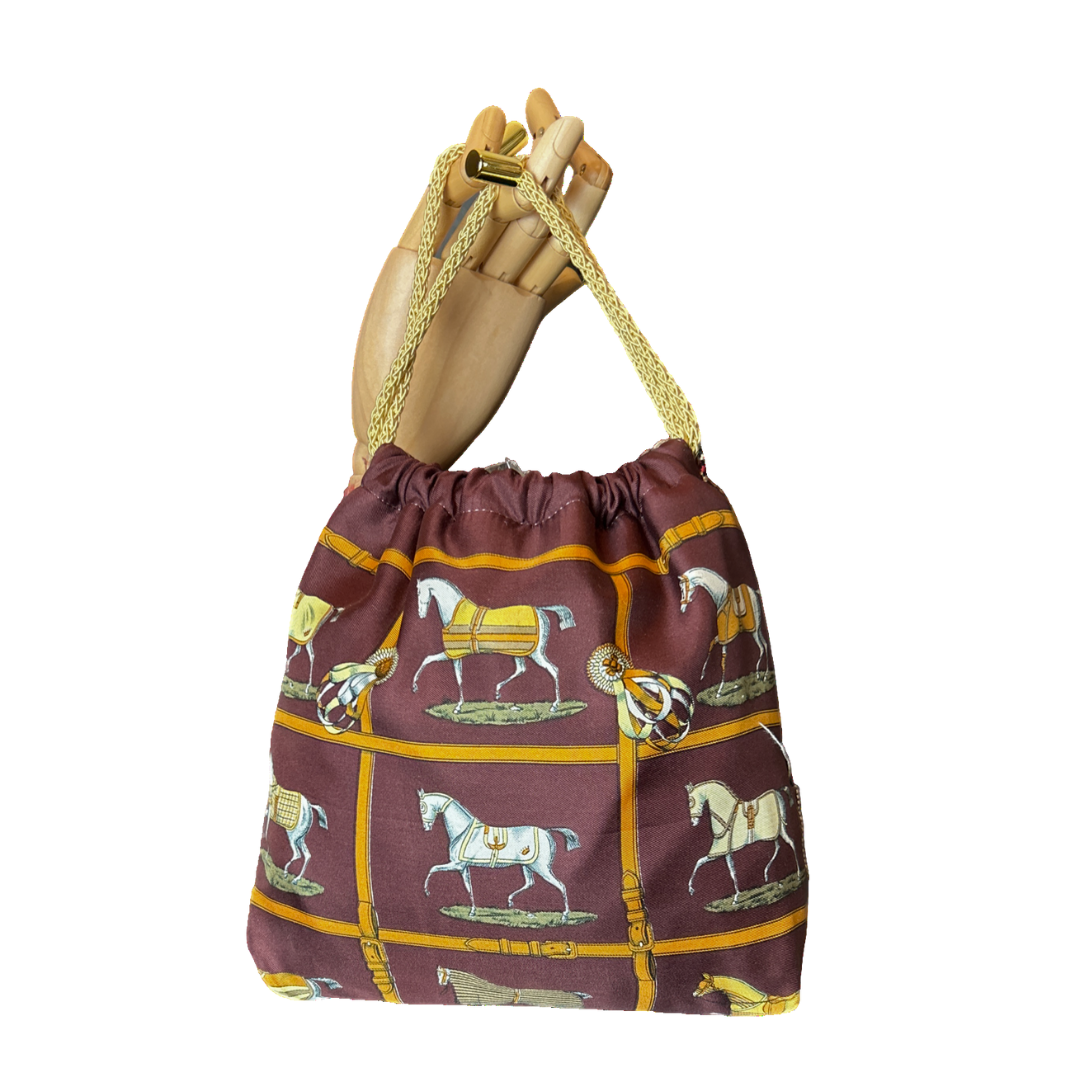 Petites Chevaux Brown Vintage Scarf Drawstring Crossbody Bag - Thumbnail 4