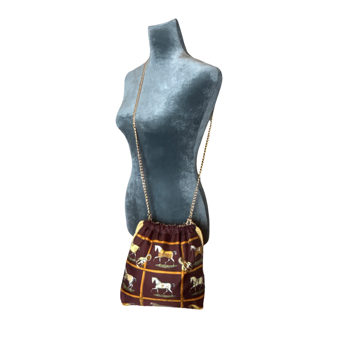 Petites Chevaux Brown Vintage Scarf Drawstring Crossbody Bag