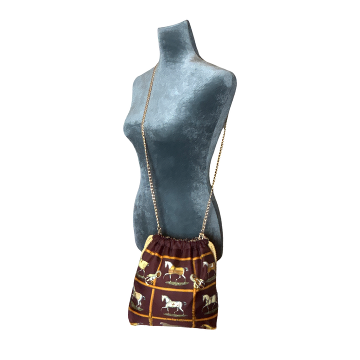 Petites Chevaux Brown Vintage Scarf Drawstring Crossbody Bag