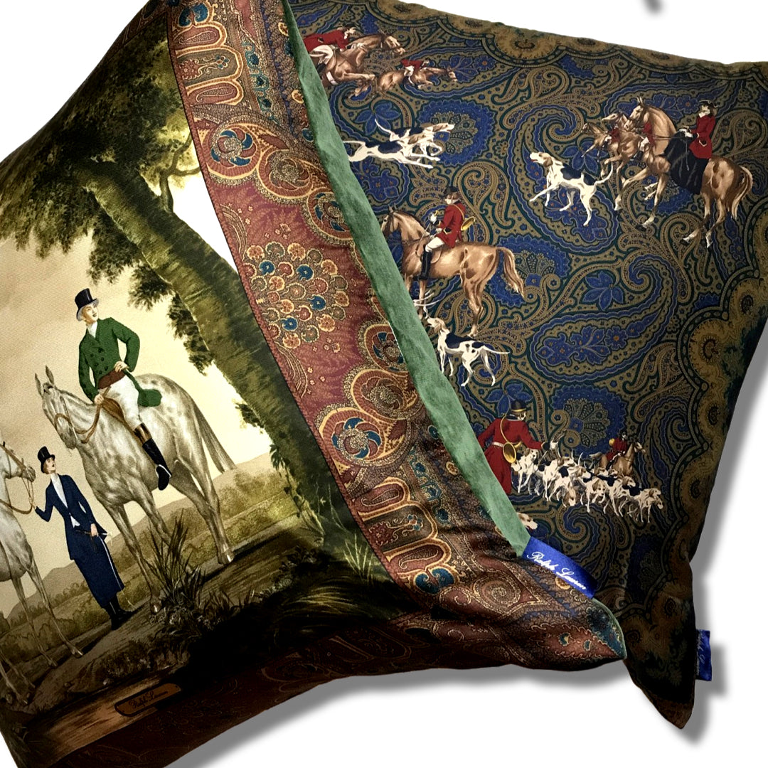 Hunting Scene Couple Vintage Silk Scarf Pillow 30"