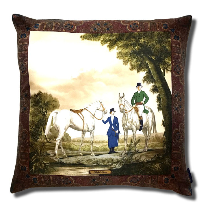 Vintage Ralph Lauren Pillow Hunting Scene Couple Vintage Silk Scarf Pillow 30" at Vintage Luxe Up