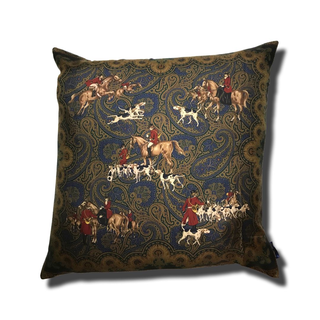 Vintage Ralph Lauren Pillow Hunting Scene Group Vintage Silk Scarf Pillow 30" at Vintage Luxe Up