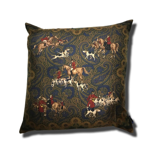 Vintage Ralph Lauren Pillow Hunting Scene Group Vintage Silk Scarf Pillow 30" at Vintage Luxe Up