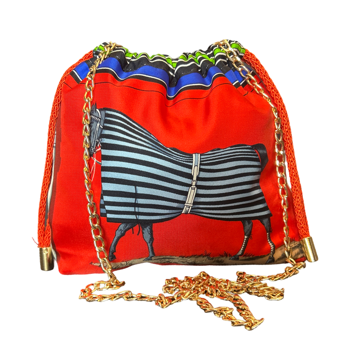 Couvertures et Tenues du Jour Red Vintage Silk Scarf Drawstring Crossbody Bag