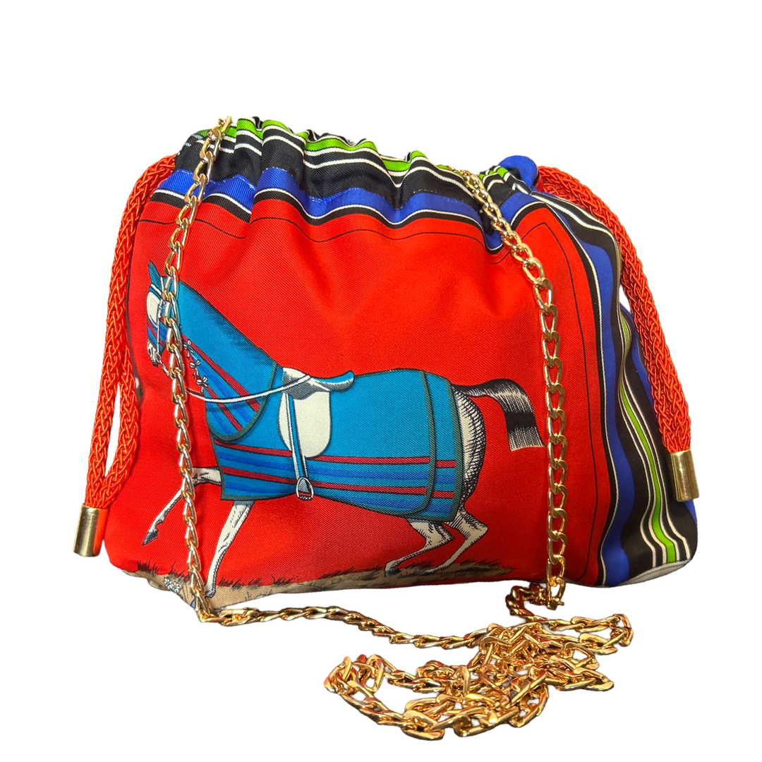 Couvertures et Tenues du Jour Red Vintage Silk Scarf Drawstring Crossbody Bag