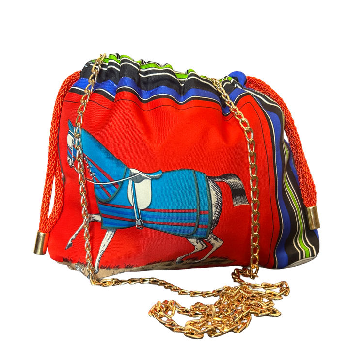 Couvertures et Tenues du Jour Red Vintage Silk Scarf Drawstring Crossbody Bag