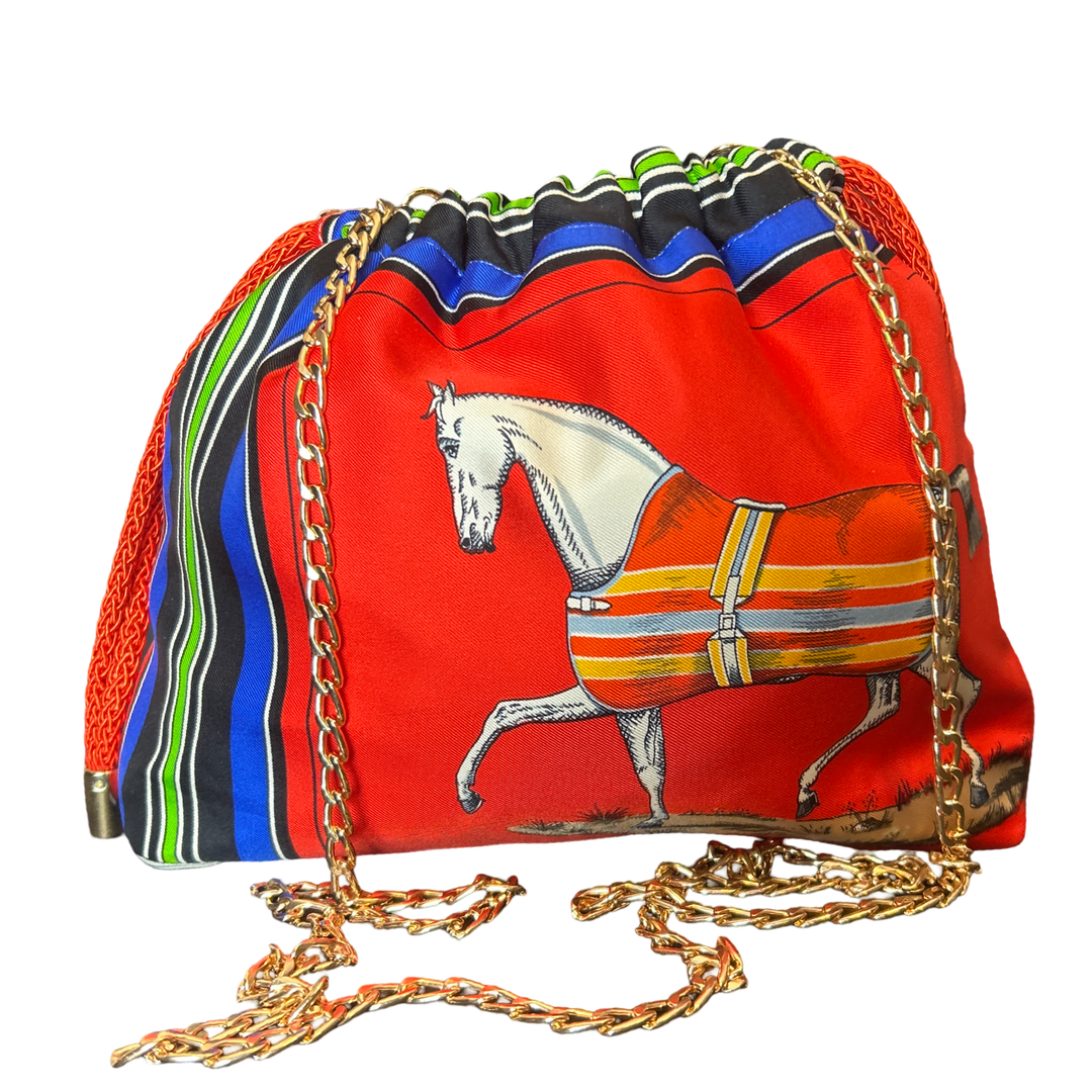 Couvertures et Tenues du Jour Red Vintage Silk Scarf Drawstring Crossbody Bag