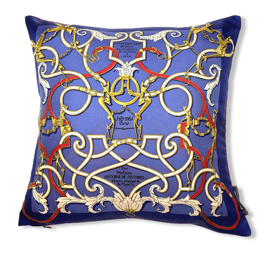 Vintage Hermes Pillow Instruction du Roy Blue Vintage Silk Scarf Pillow 17" at Vintage Luxe Up
