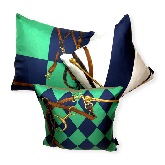 Vintage Ralph Lauren Pillow Jockey Tack Vintage Silk Scarf Pillows 18" at Vintage Luxe Up