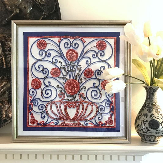 Framed Hermes Scarf Jouvence Framed Vintage Silk Scarf 20" Vintage Hermes at Vintage Luxe Up