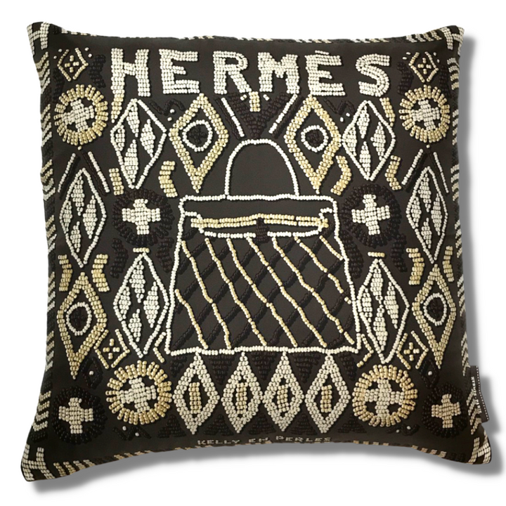 Vintage Hermes Pillow Kelly en Perles Chocolate Vintage Silk Scarf Pillow 17" at Vintage Luxe Up