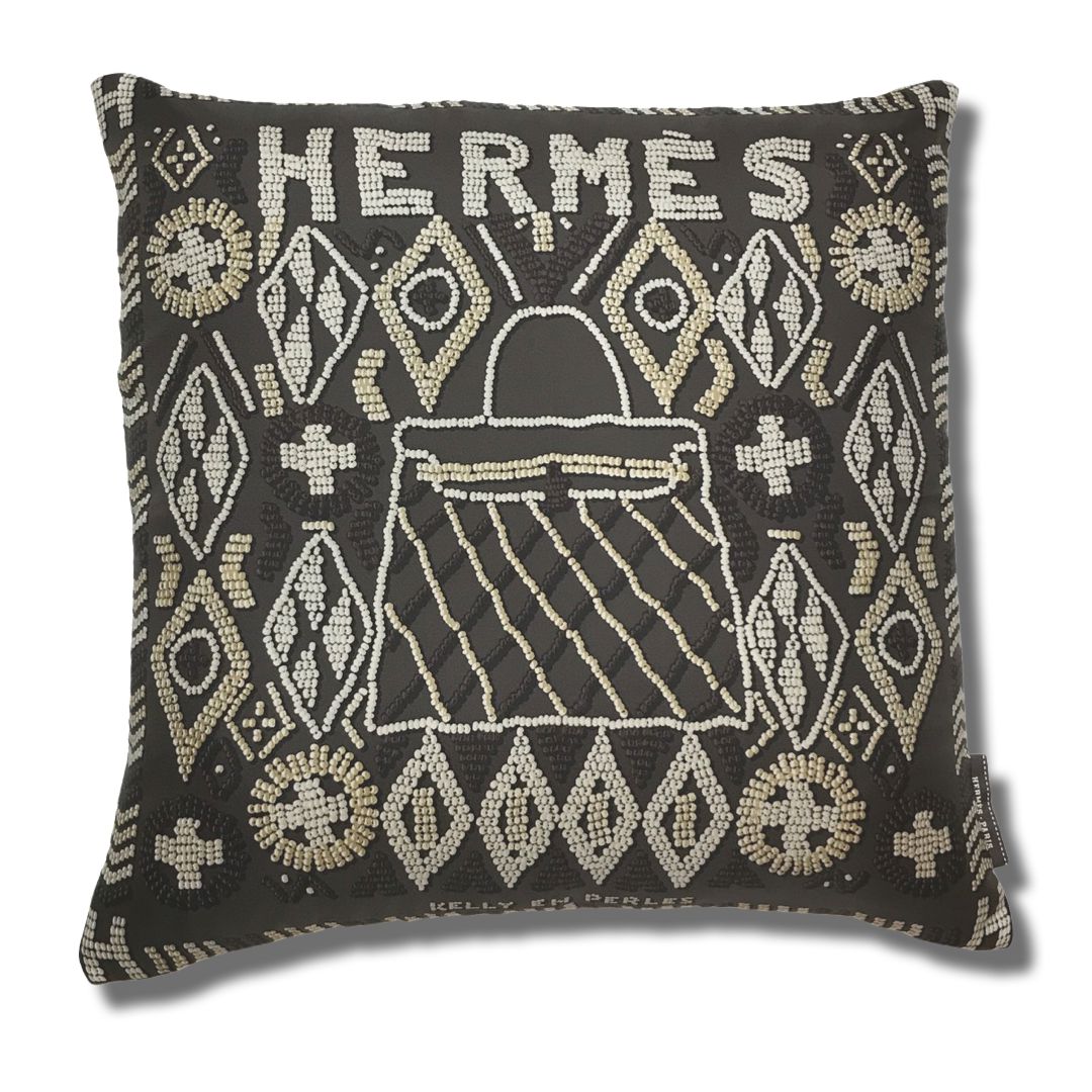 Vintage Hermes Pillow Kelly en Perles Chocolate Vintage Silk Scarf Pillow 17" at Vintage Luxe Up