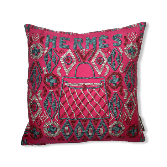 Vintage Hermes Pillow Kelly en Perles Rose Vintage Silk Scarf Pillow 17" at Vintage Luxe Up