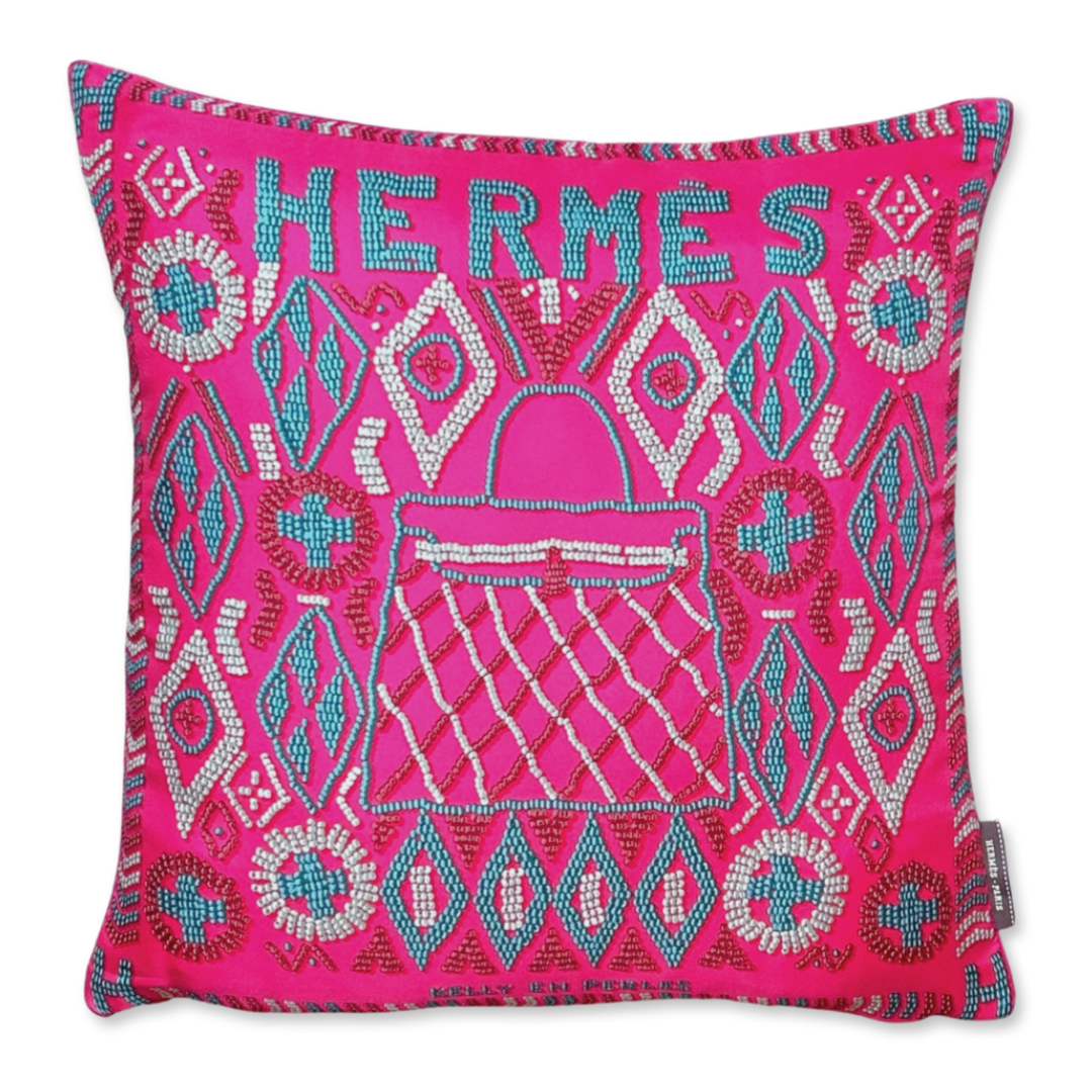 Vintage Hermes Pillow Kelly en Perles Rose Vintage Silk Scarf Pillow 17" at Vintage Luxe Up