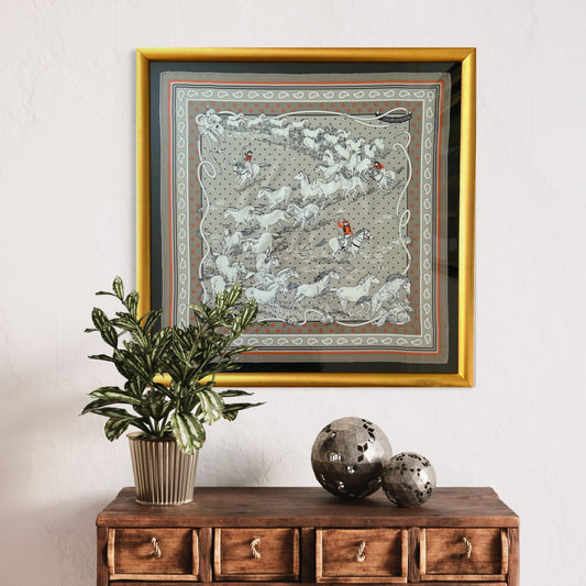 Framed Hermes Scarf Les Mustangs Bandana Framed Vintage Silk Scarf 26" Vintage Hermes at Vintage Luxe Up